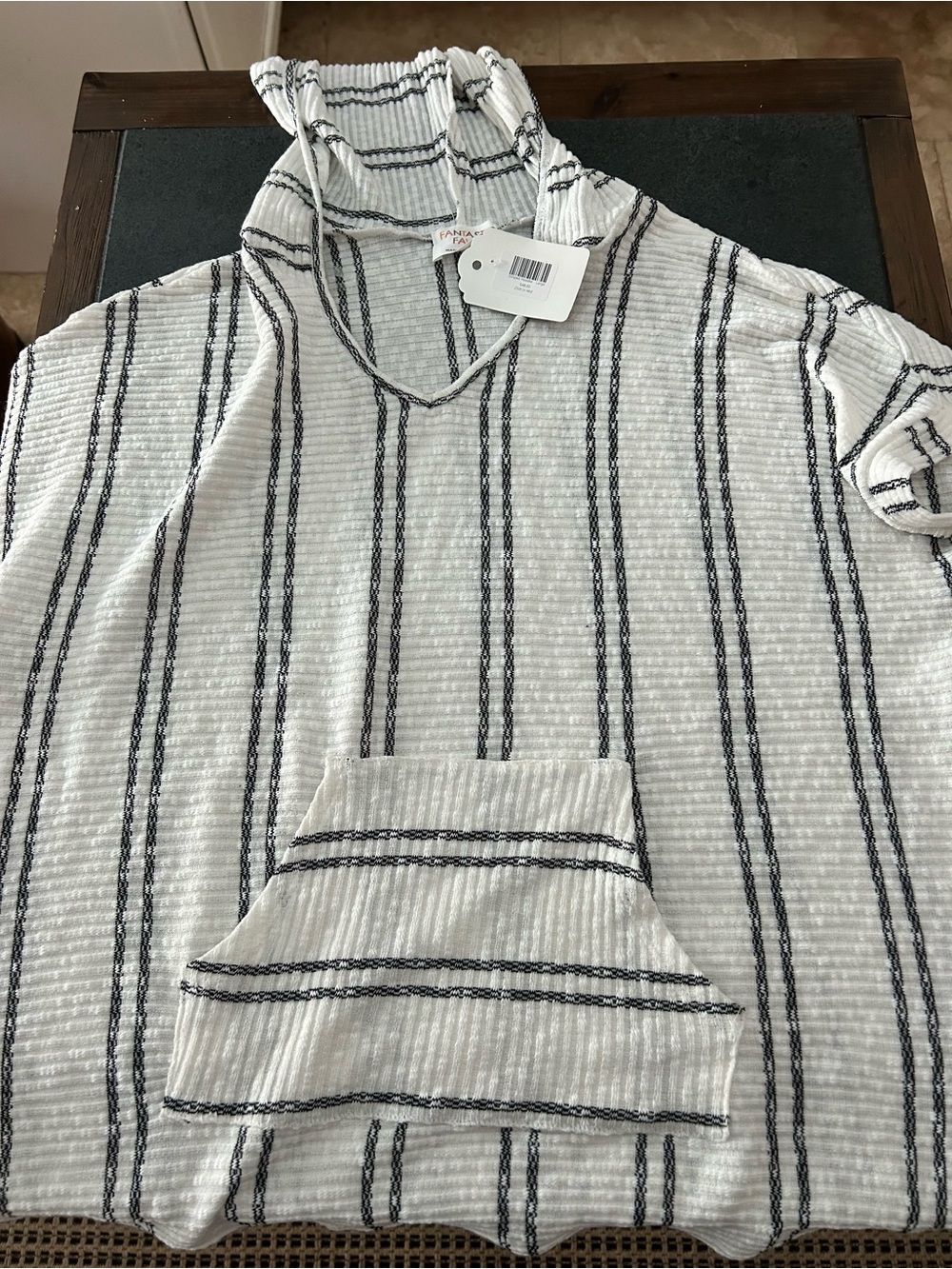 Fantastic Fawn White Hooded V-Neck pullover with Black Stripes